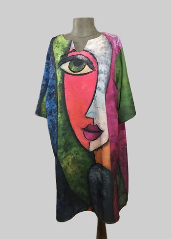 Drapeli Çok Renkli Uzun Kadın Oversize Elbise