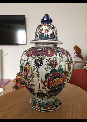 Antika Holland Renkli Çiçek Desenli Kapaklı Vazo - Görsel 2