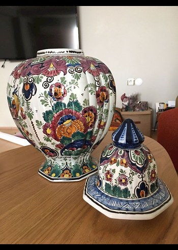 Antika Holland Renkli Çiçek Desenli Kapaklı Vazo - Görsel 6