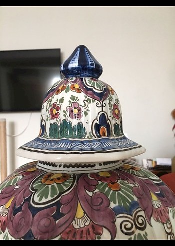 Antika Holland Renkli Çiçek Desenli Kapaklı Vazo - Görsel 3