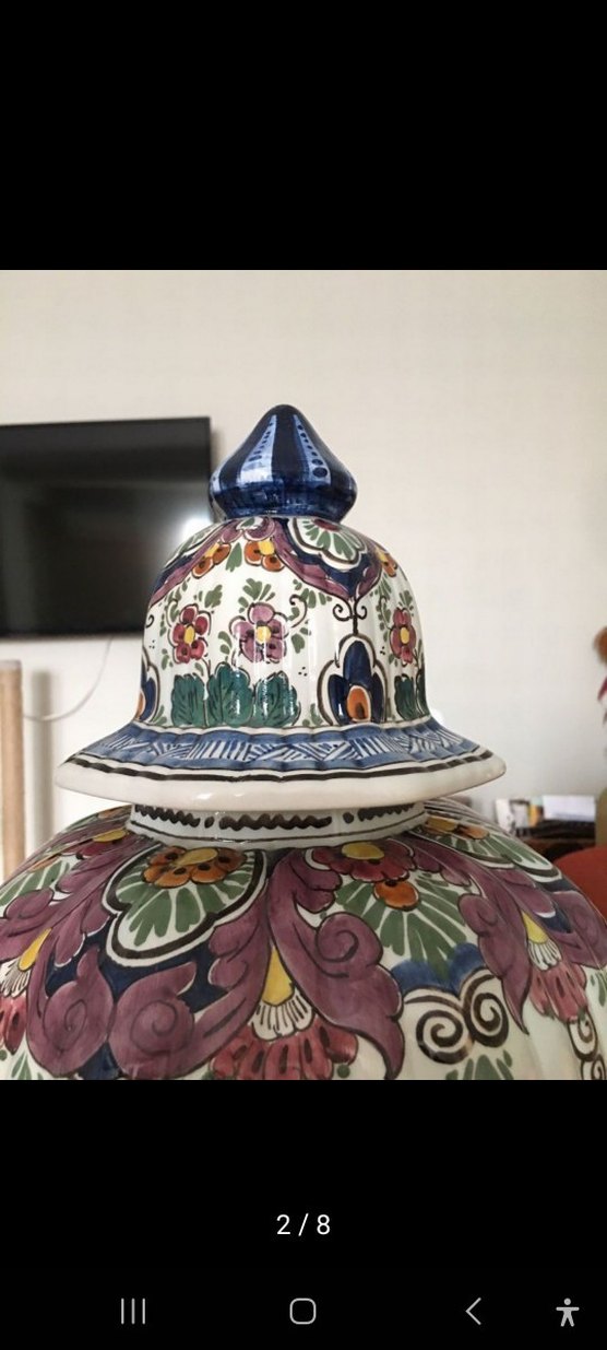 Antika Holland Renkli Çiçek Desenli Kapaklı Vazo - Görsel 3
