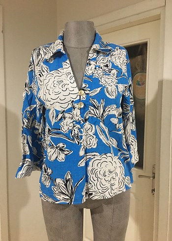 Zara Mavi Çiçek Desenli V Yaka Kadın Gömlek