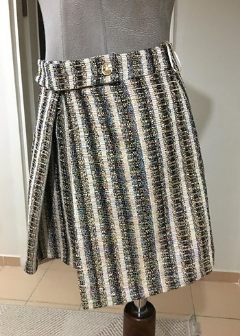 Gri Çizgili Pilili Mini Etek - Görsel 3