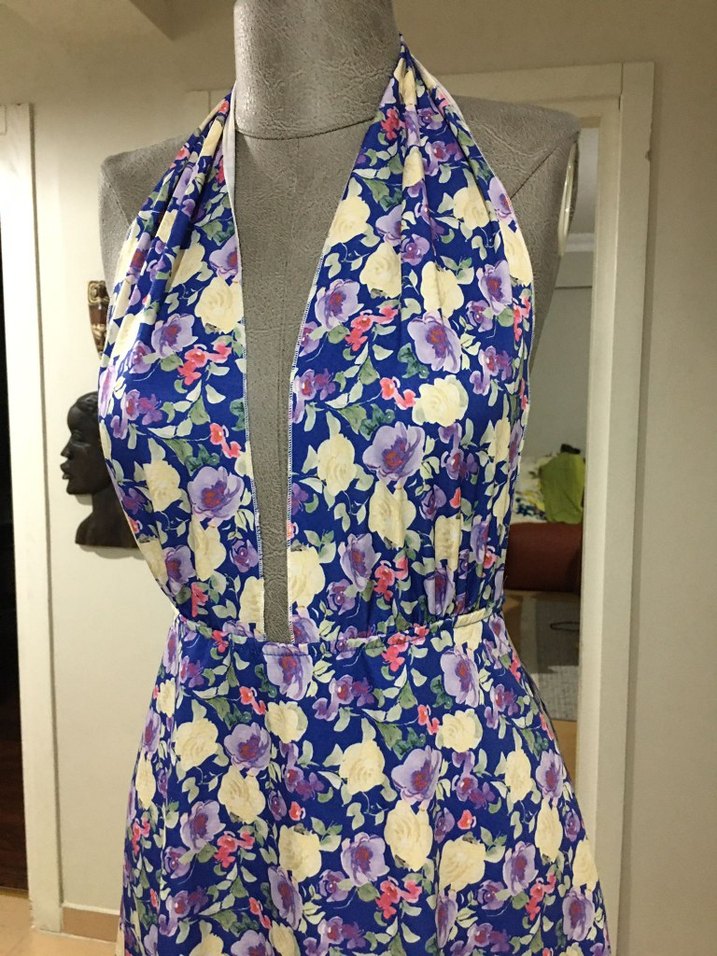 Mavi Çiçek Desenli V Yaka Salaş Elbise - Görsel 3