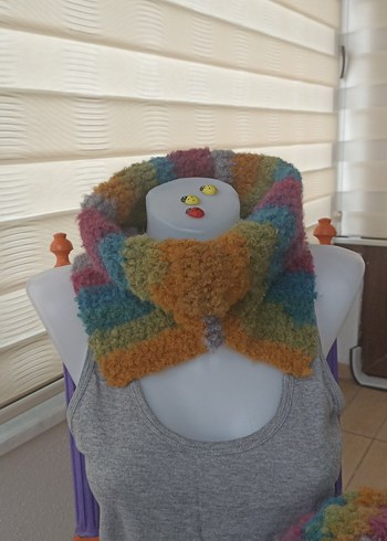 Renkli Bohem Örgü ressam sapkası,boyunluk eldiven - Görsel 3