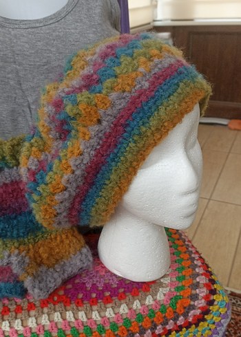 Renkli Bohem Örgü ressam sapkası,boyunluk eldiven - Görsel 2