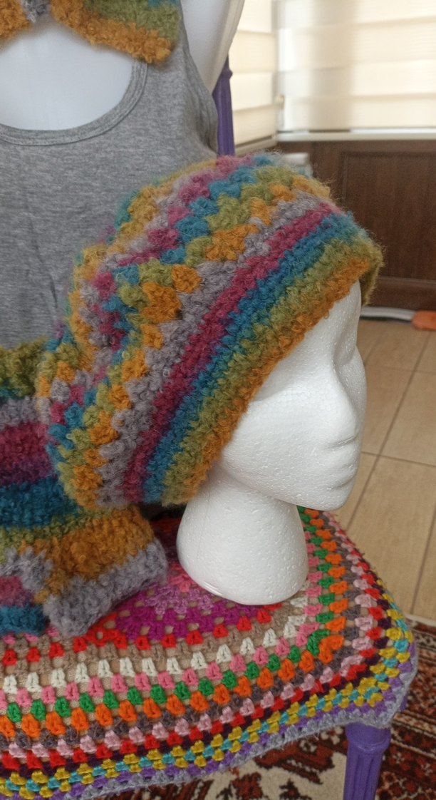 Renkli Bohem Örgü ressam sapkası,boyunluk eldiven - Görsel 2