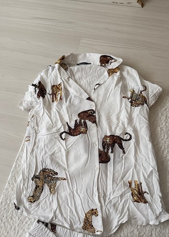 s Beden Leopar Desenli Kısa Kollu Bohem Kadın Pijama Takımı