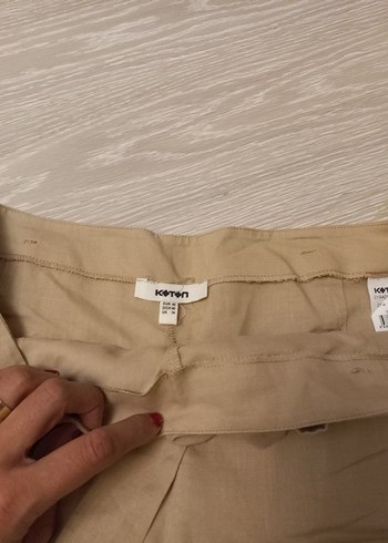 42 Beden Kadın Bej Keten Kemerli Mini Şort