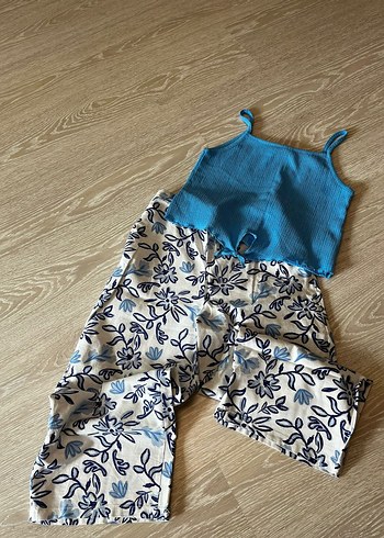 11-12 Yaş Beden Mavi Örgü Askılı Kız Takımı