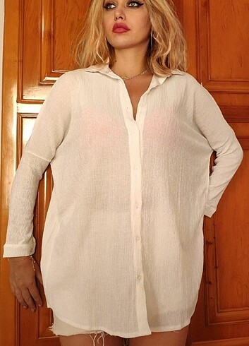 xxl Beden beyaz Renk Gofret pamuklu kumaş oversize gömlek.