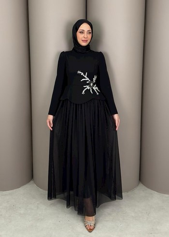 Uzun Siyah Nakışlı Drapeli Kadın Abiye Elbise - Görsel 2