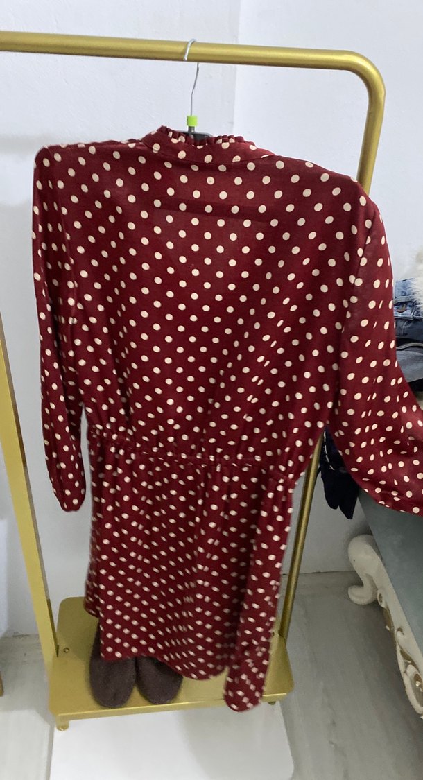 Bordo Puantiyeli V Yaka saten Uzun Kollu Elbise - Görsel 5