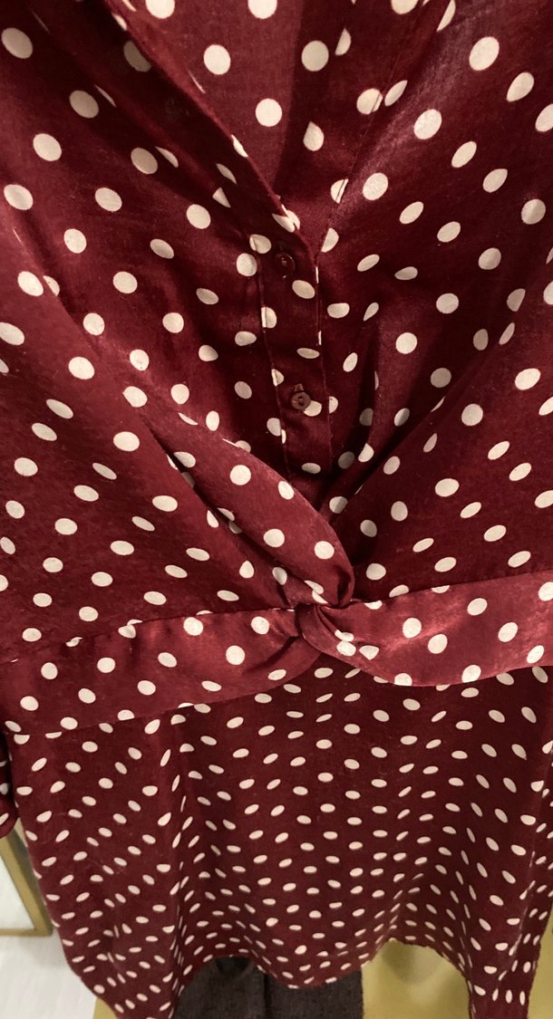 Bordo Puantiyeli V Yaka saten Uzun Kollu Elbise - Görsel 2