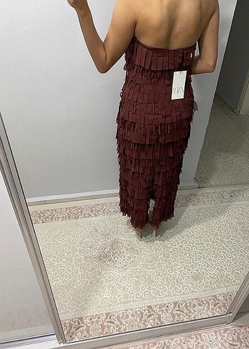 Bordo Drapeli Uzun Straplez Elbise - Görsel 5
