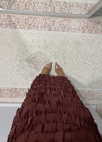 Bordo Drapeli Uzun Straplez Elbise - Görsel 6