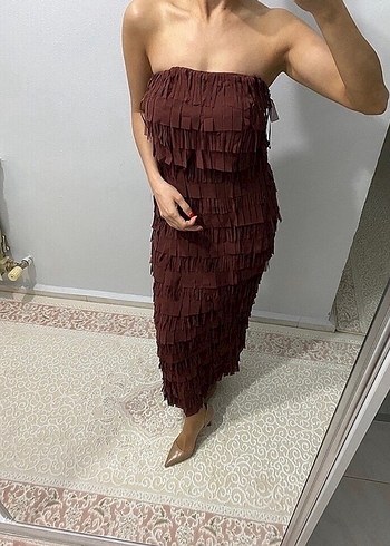 Bordo Drapeli Uzun Straplez Elbise - Görsel 2