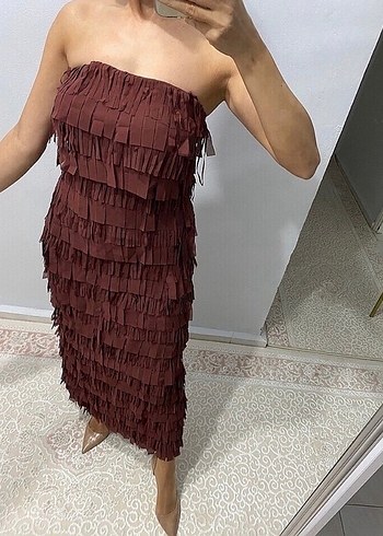 Bordo Drapeli Uzun Straplez Elbise - Görsel 3