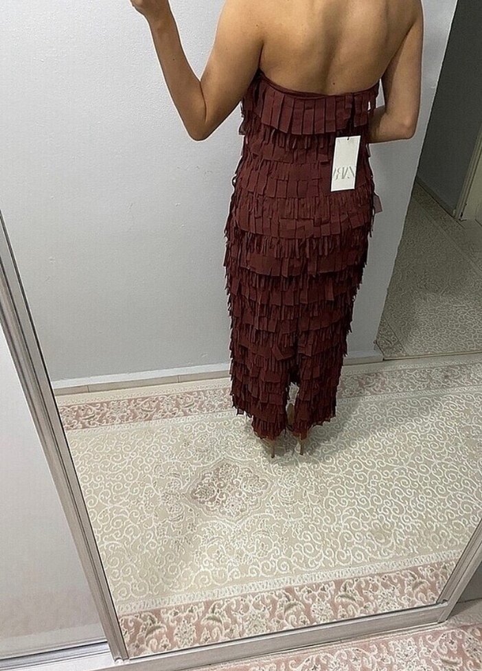 Bordo Drapeli Uzun Straplez Elbise - Görsel 5