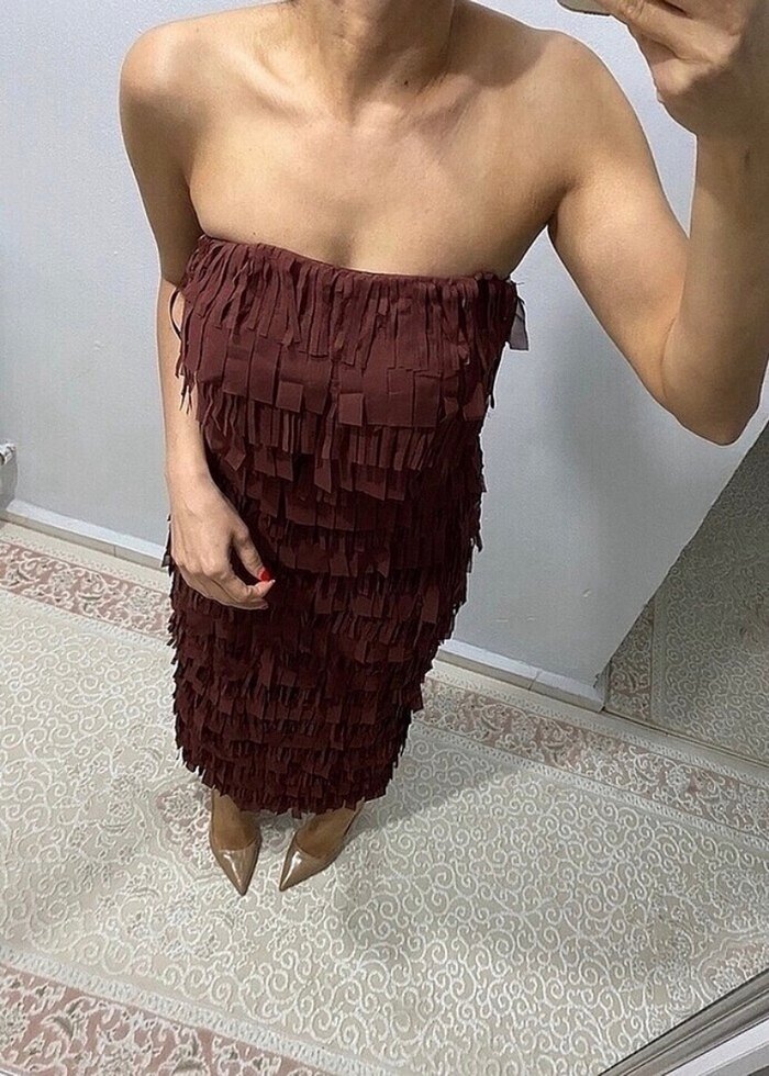 Bordo Drapeli Uzun Straplez Elbise - Görsel 4