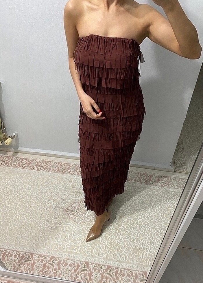 Bordo Drapeli Uzun Straplez Elbise - Görsel 2