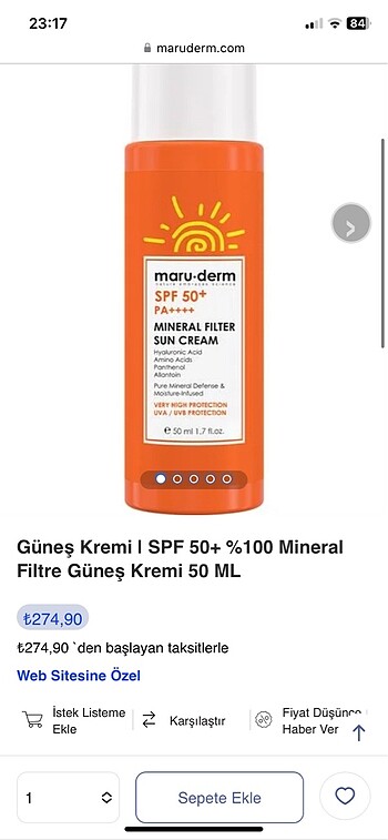 Maruderm 0 mineral filtreli güneş kremi