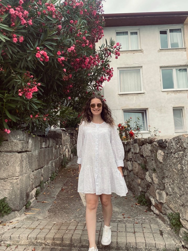 Uzun Kollu Beyaz Midi Keten Elbise - Görsel 2