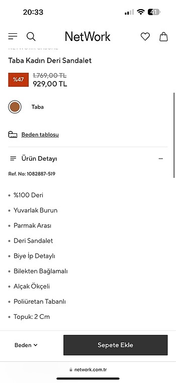 37 Beden kahverengi Renk Network Taba Sandalet