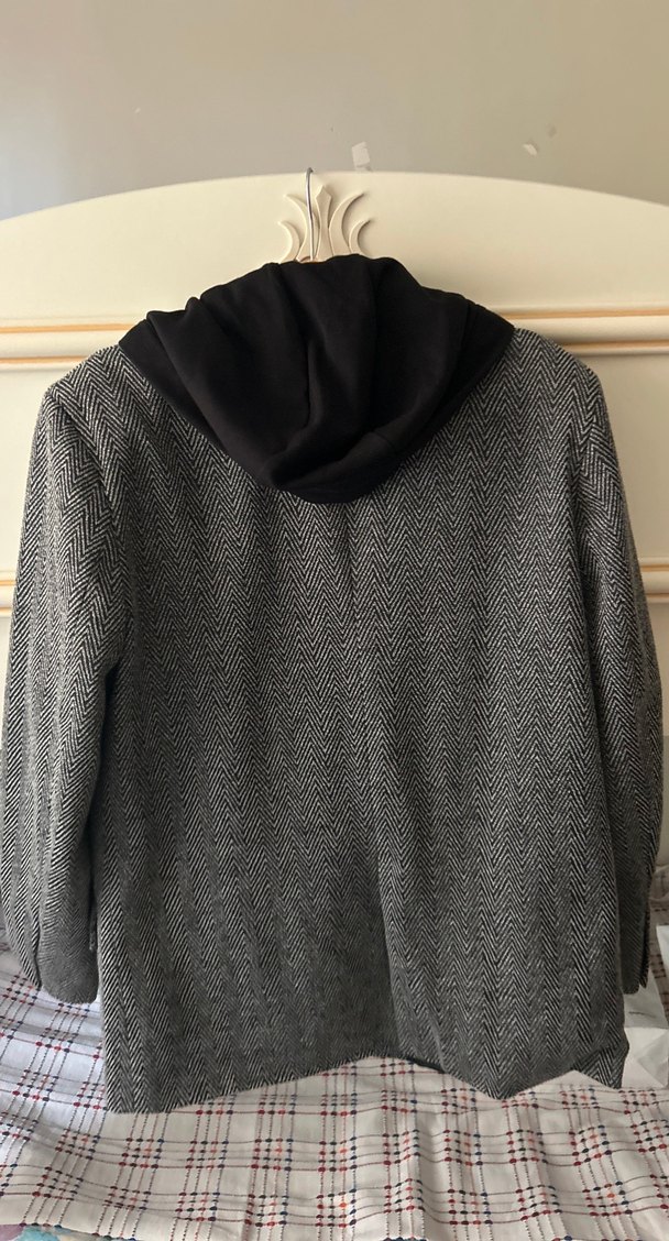 Gri Midi Ceket Kapüşonlu Fermuarlı - Görsel 3