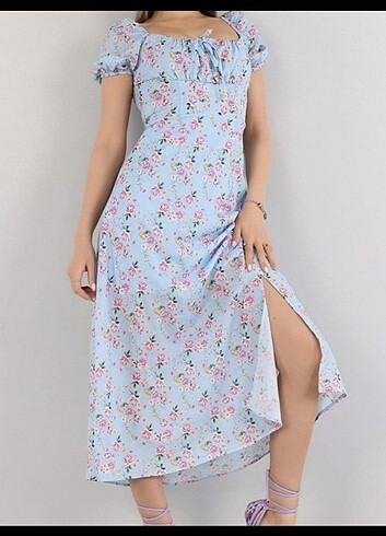 Zara Mavi Çiçek Desenli Kobe Crep Elbise