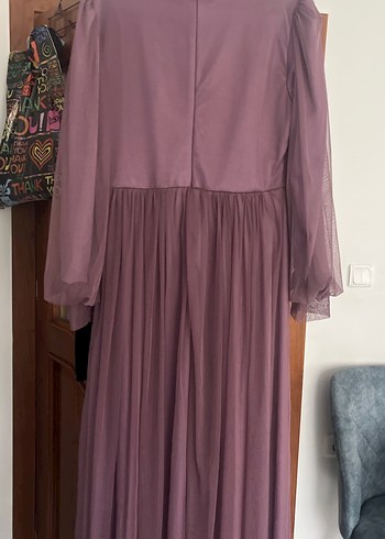 Mor Uzun Kollu Drapeli Abiye Elbise - Görsel 4