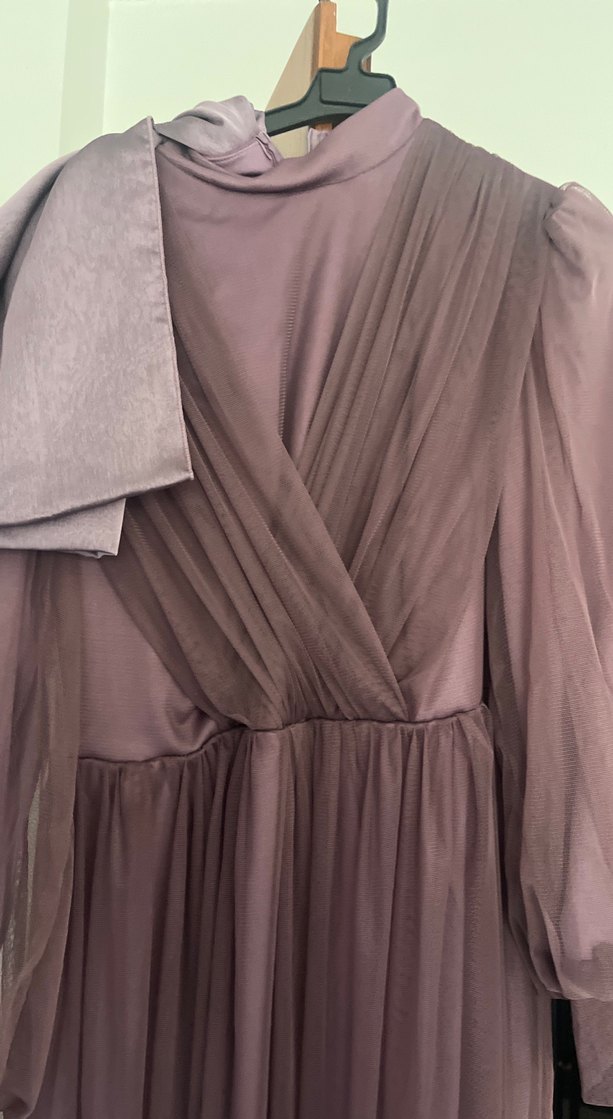 Mor Uzun Kollu Drapeli Abiye Elbise - Görsel 2