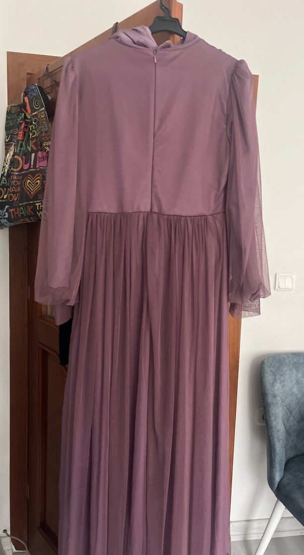 Mor Uzun Kollu Drapeli Abiye Elbise - Görsel 4