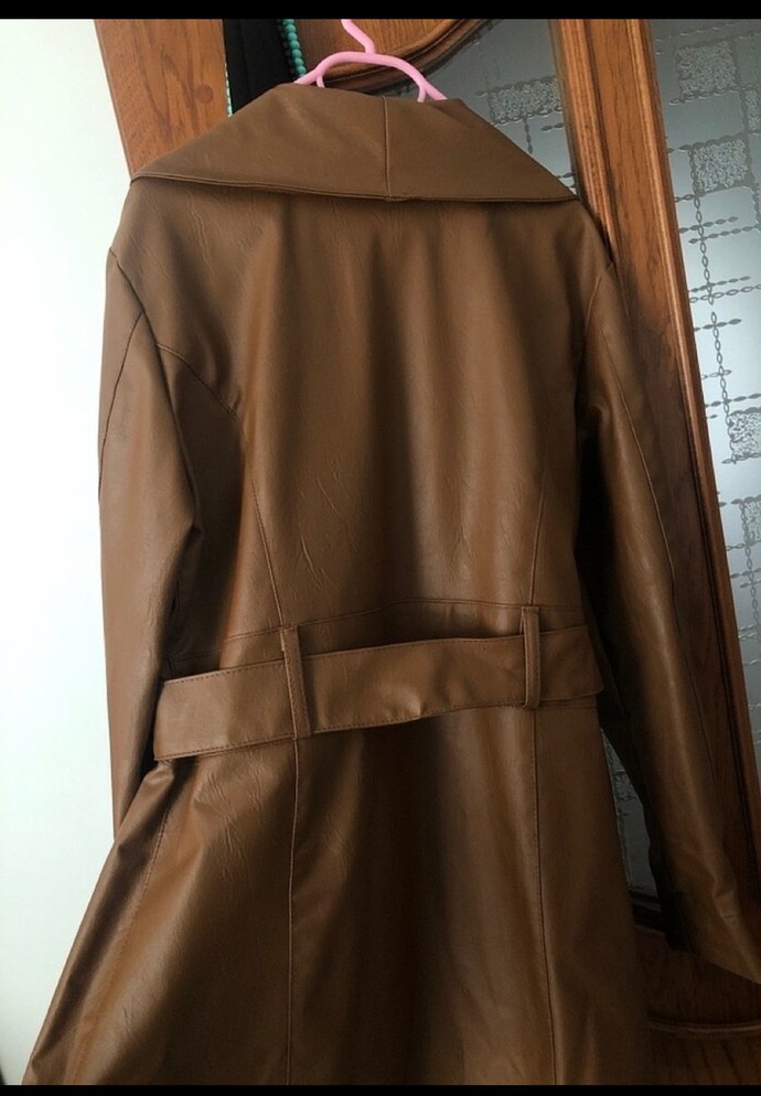 Bej Deri Uzun Kadın Trençkot - Görsel 4