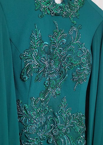 Turkuaz İşlemeli Uzun Abiye Elbise - Görsel 4