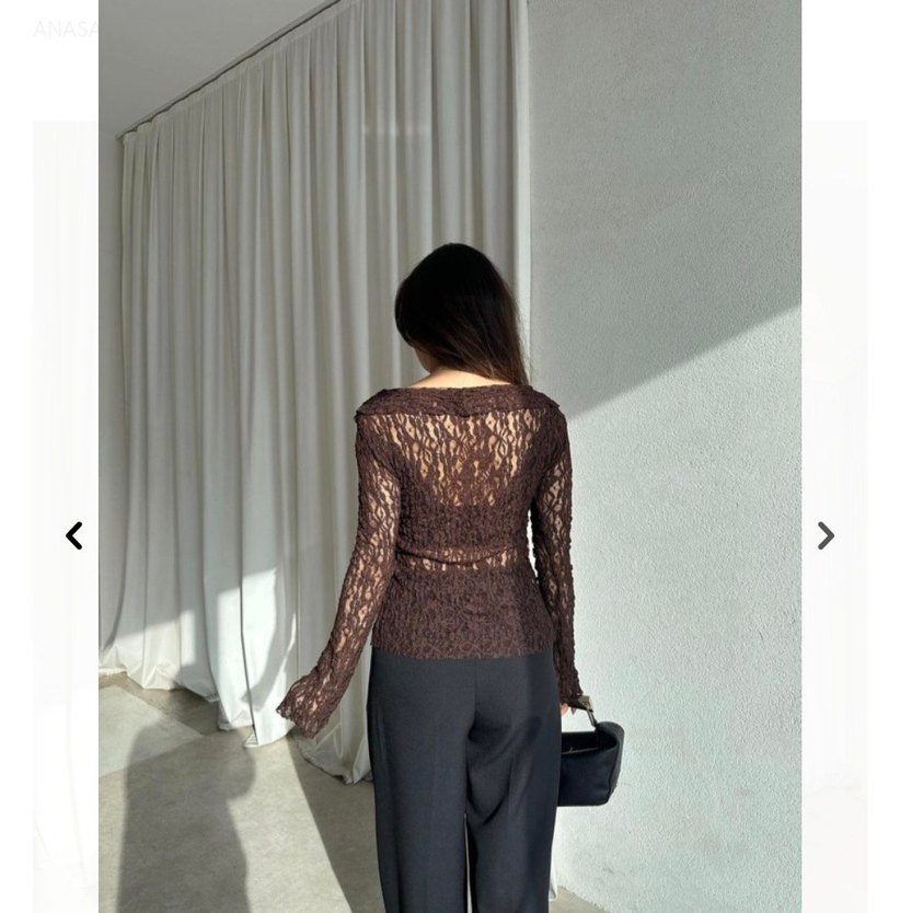 Dantel Detaylı Kahverengi V Yakalı Bluz - Görsel 2