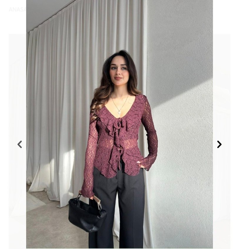 Bordo Dantel Detaylı V Yaka Mini Bluz - Görsel 2