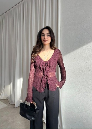 Bordo Dantel Detaylı V Yaka Kadın Bluz - Görsel 2