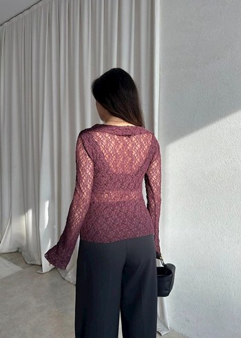 Bordo V Yaka Dantel Detaylı Mini Bluz - Görsel 3