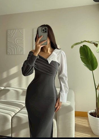 V Yaka Uzun Kollu Gri Drapeli Elbise - Görsel 2