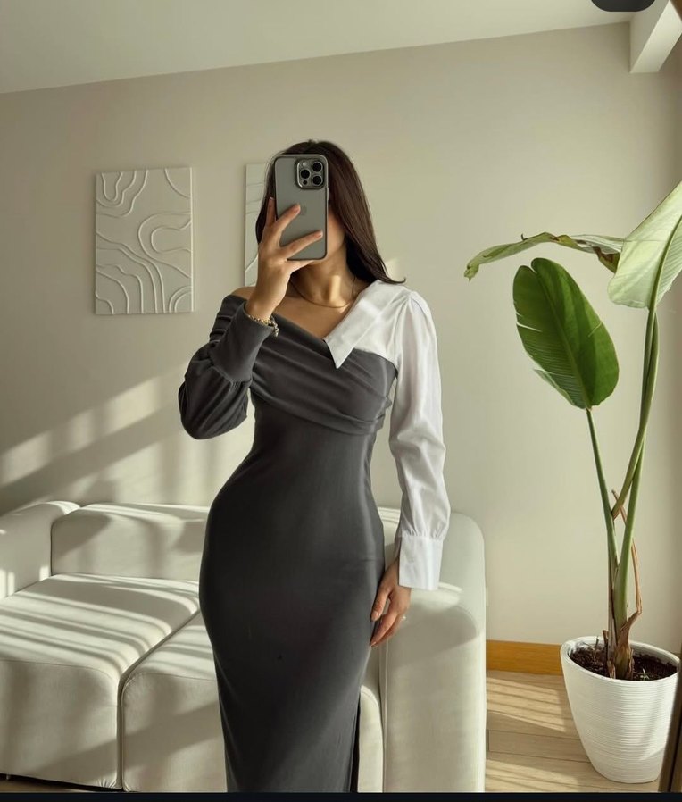 V Yaka Uzun Kollu Gri Drapeli Elbise - Görsel 2