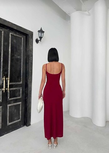 Bordo İnce Askılı Uzun Kadın Elbise - Görsel 3
