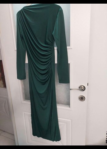 Uzun Kollu Yeşil Drapeli Kadın Elbise - Görsel 3