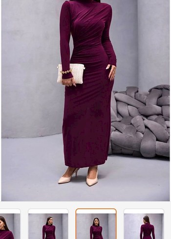 Bordo Uzun Kollu Drapeli Uzun Elbise - Görsel 2