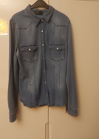 Düğmeli Gri Denim Kadın Gömlek