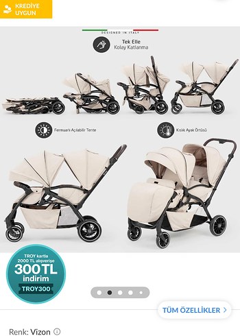 Gıri renk Çiftli Bebek Arabası, Tek Elle Katlanabilir - Görsel 2