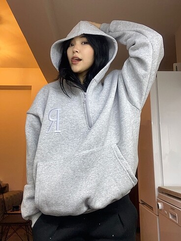 Oversize Unisex Gri-Siyah Kapüşonlu Sweat