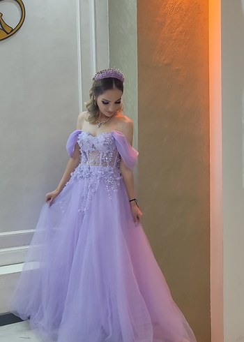 Lila Straplez 3 boyutlu dantel Nakışlı Uzun Abiye Elbise