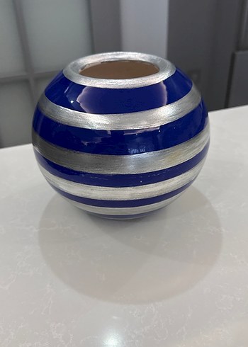 Parlak Mavi Gümüş Çizgili Vazo - Görsel 2