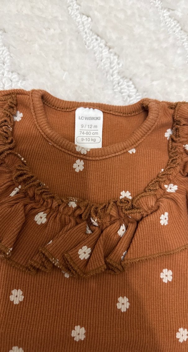 Kahverengi Çiçekli Uzun Kollu Bebek Kız Takımı - Görsel 2